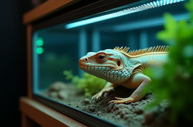Close-up of a modern, custom-designed reptile enclosure with integrated digital sensors and misting system, housing a rare snake.